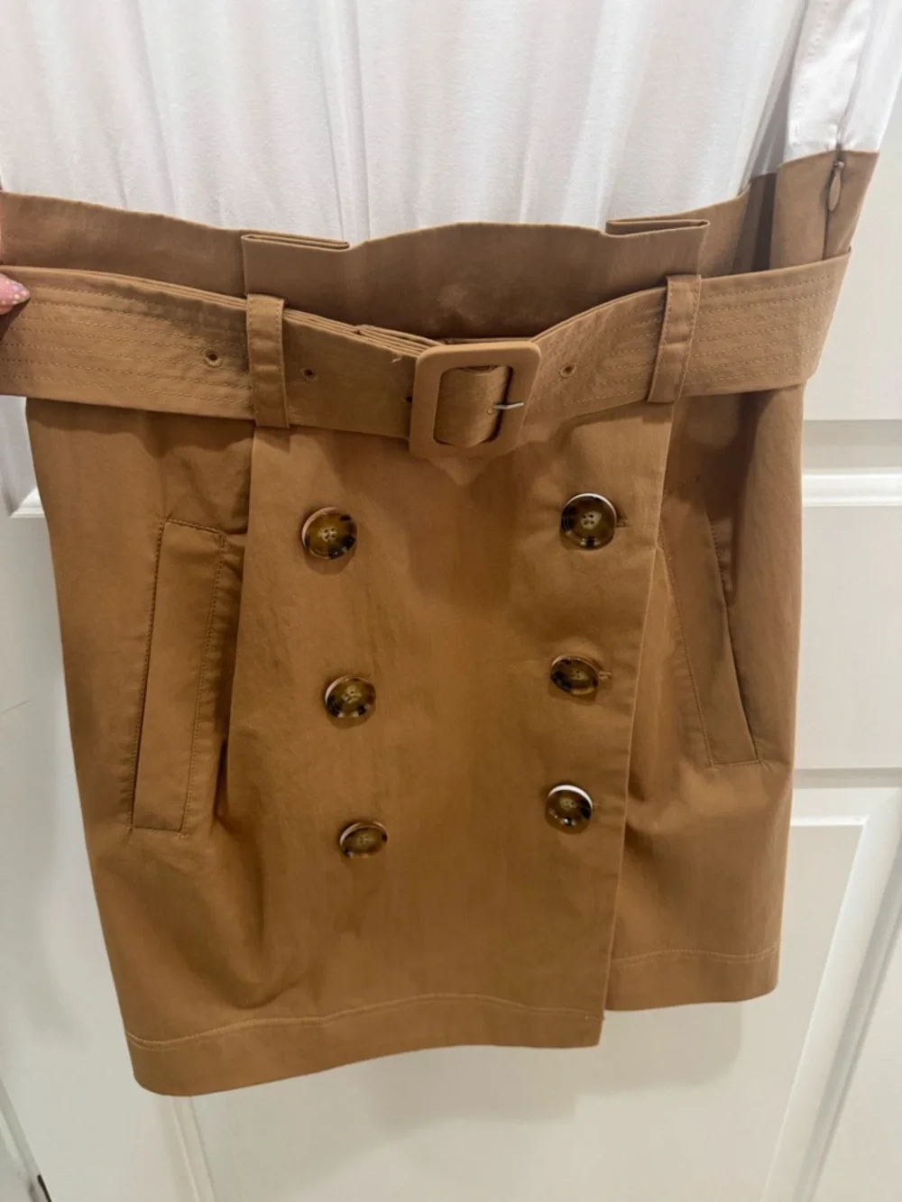 Veronica Beard Melany Mixed Media White and Tan High-Waist Belted Mini Dress - Picture 10 of 13